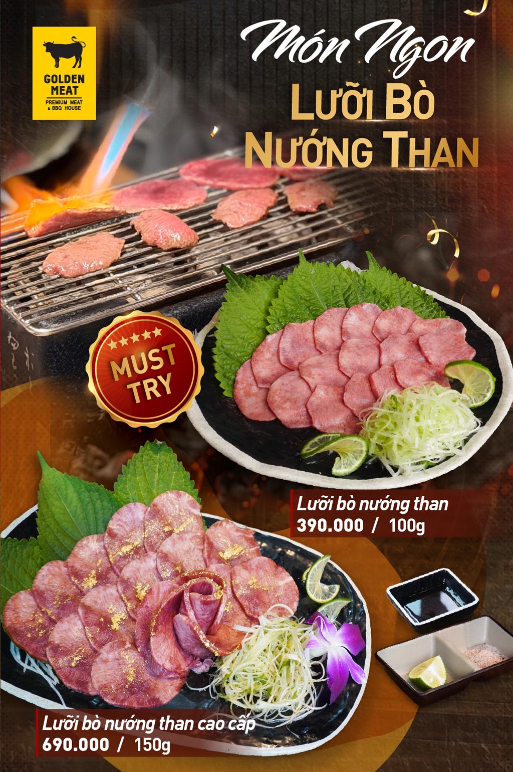 LƯỠI BÒ NƯỚNG THAN – MÓN NGON “MUST TRY” TẠI GOLDEN MEAT